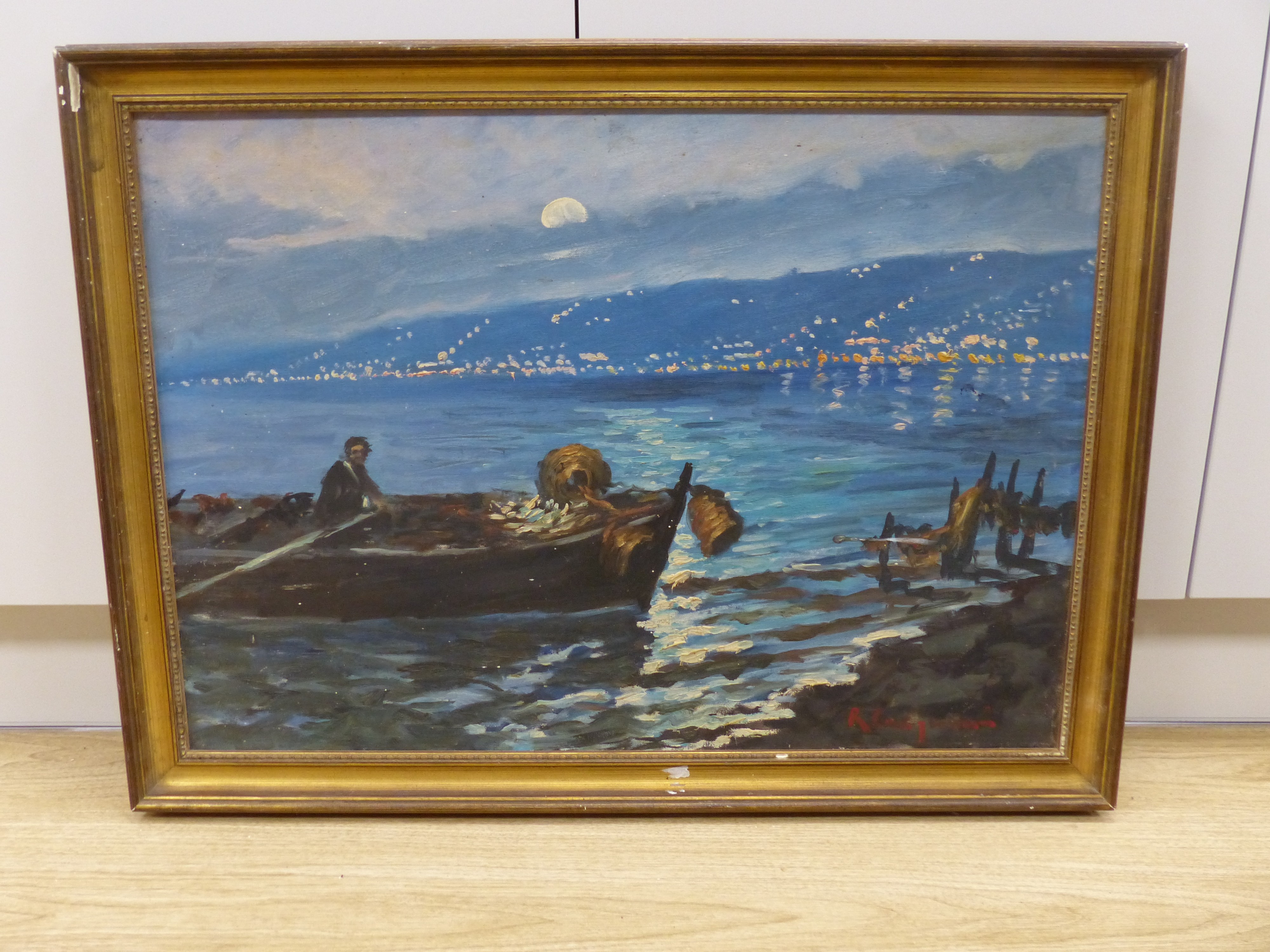 Roberto Carignani (1894-...), oil on canvas, Fishing boat in the Bay of Naples at night, signed, 49 x 69cm